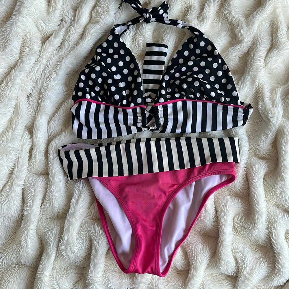 SANDORATTO Striped Polka Dot Bikini Swimsuit  Top XL Bottom M